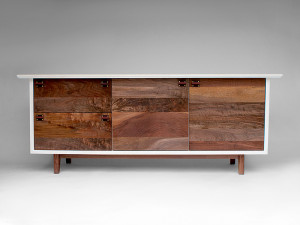 The Spring Credenza, Claro Walnut front, base, and interiors; bleached Maple casing