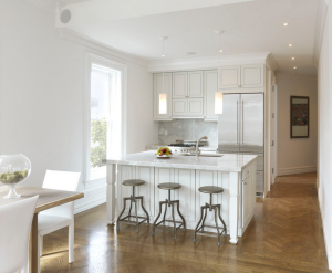 White-oak herringbone floors in a 1900s Brooklyn townhouse renovated by Horrigan O’Malley Architects