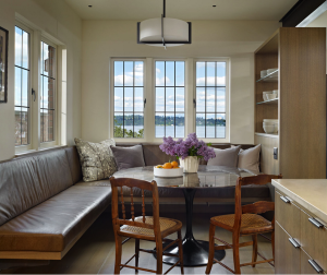 In Seattle, WA, designer Nancy Burfiend and architect John DeForest created a calm and light-filled breakfast nook for a pair of avid readers. Photograph by Benjamin Benschneider