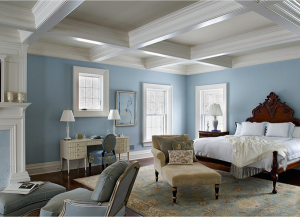 Benjamin Moore “Decorator White” paint is used on the custom coffered ceiling, window surrounds, and other millwork—all poplar—in this restful upstate New York bedroom, part of an addition by Crisp Architects. Photograph by Rob Karosis