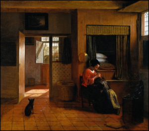 Dutch doors—horizontally divided so the two halves open independently—were common 17th-century Holland and often appear in genre paintings of the period, like this charming example by Pieter de Hooch. 