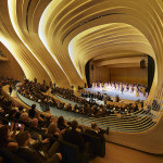 The center’s free-form auditorium is completely lined with American white oak. Photo by Hufton + Crow 