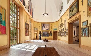 The Main Room at the Foundation has white oak floors, windows and millwork, and massive walnut benches. Photograph by Michael Moran