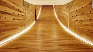 Lined with the same tulipwood panels as the exterior, the interior of “The Smile” was illuminated at night with strip lighting that emphasizes its curving form. Photograph courtesy Alison Brooks Architects